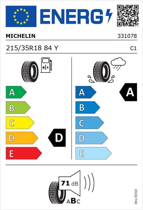 Tyre Label for Michelin Pilot Sport 4 S 215/35R18 84Y