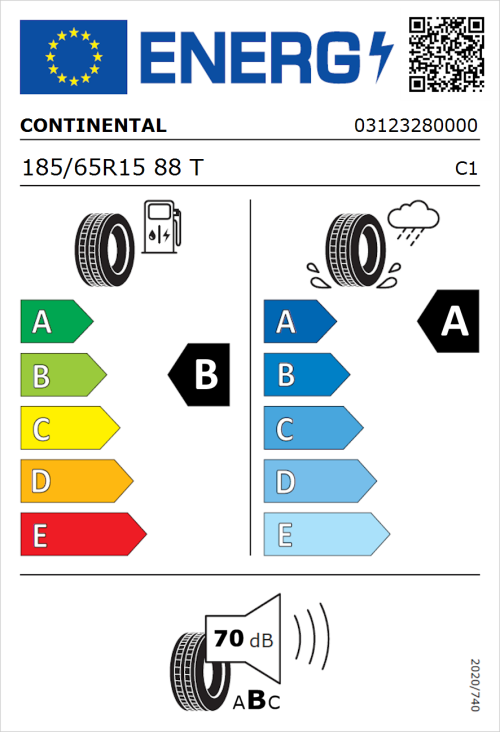 Tyre Label for Continental UltraContact 185/65R15 88T