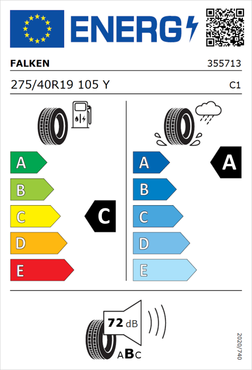 Tyre Label for Falken Azenis RS820 275/40R19 105Y