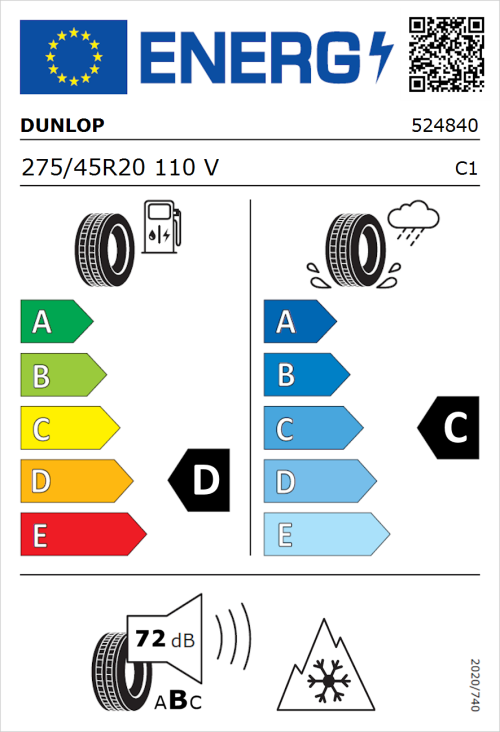 Tyre Label for Dunlop SP Winter Sport 3D 275/45R20 110V